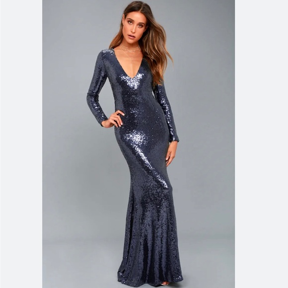 Lulus long sleeve navy sequin gown - Picture 1 of 4
